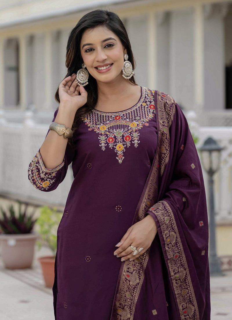 Prazu Fashion Wine Roman Silk Embroidered Sequence Designer Kurta Set - Distacart
