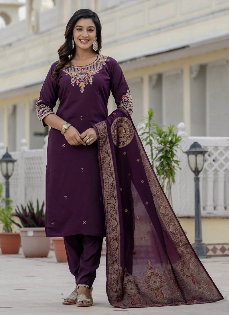 Prazu Fashion Wine Roman Silk Embroidered Sequence Designer Kurta Set - Distacart