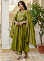 Prazu Fashion Mehendi Viscose Roman Silk Real Mirror Hand Work Kurta Set - Distacart