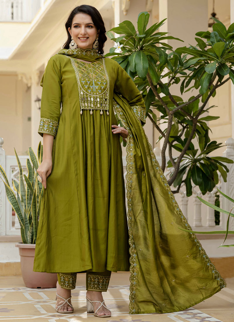 Prazu Fashion Mehendi Viscose Roman Silk Real Mirror Hand Work Kurta Set - Distacart