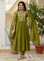Prazu Fashion Mehendi Viscose Roman Silk Real Mirror Hand Work Kurta Set - Distacart