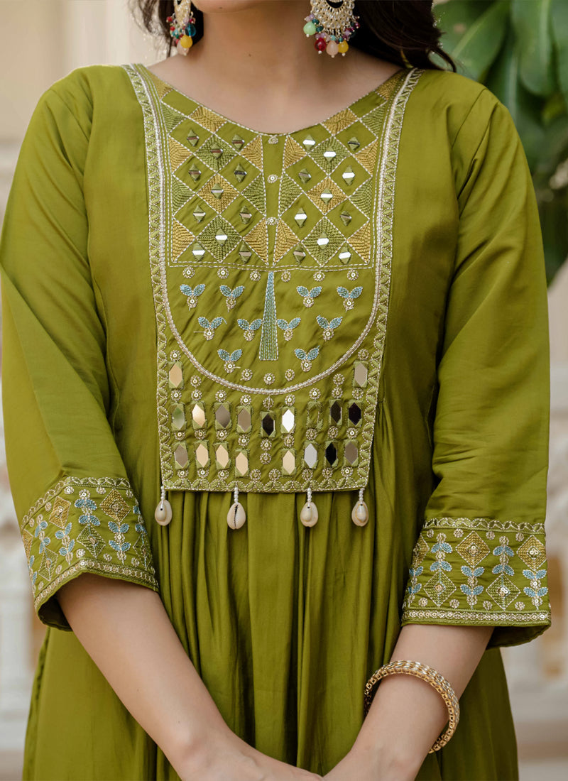 Prazu Fashion Mehendi Viscose Roman Silk Real Mirror Hand Work Kurta Set - Distacart