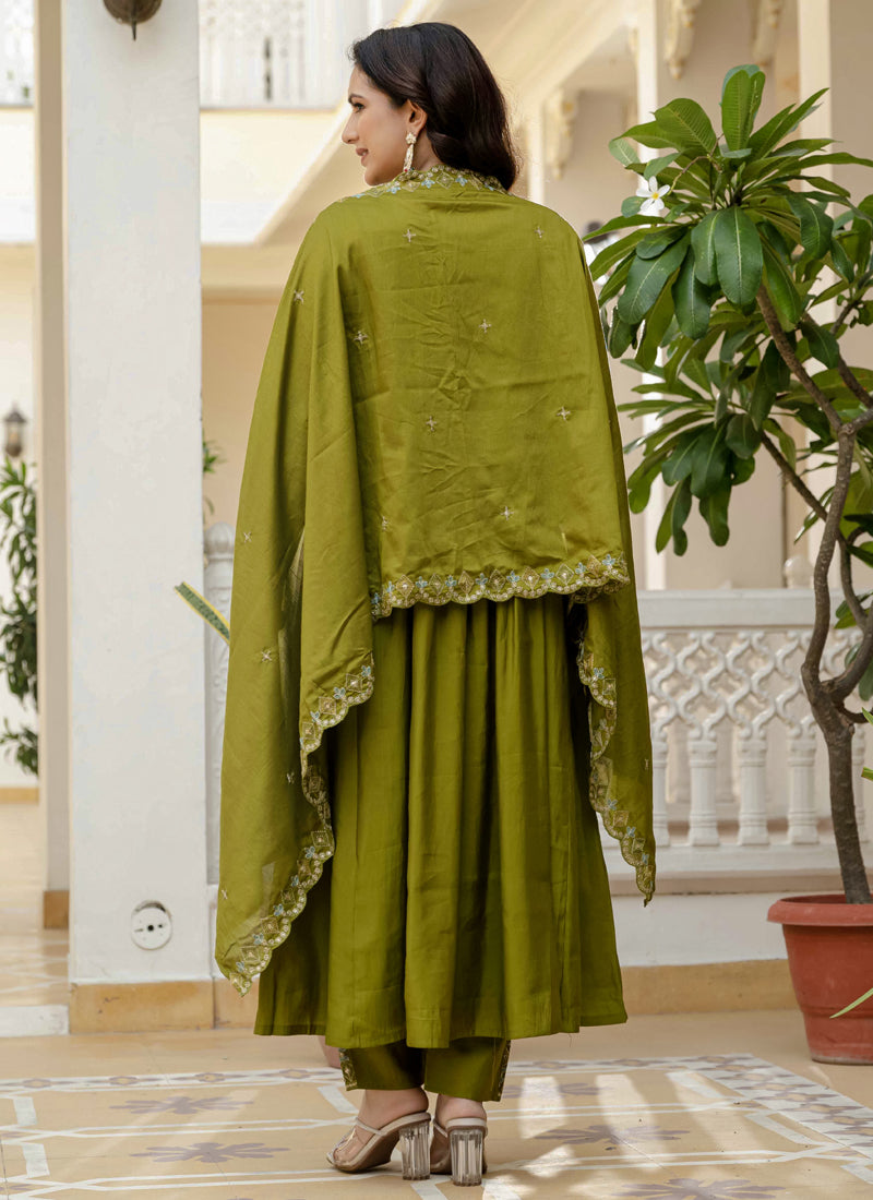 Prazu Fashion Mehendi Viscose Roman Silk Real Mirror Hand Work Kurta Set - Distacart