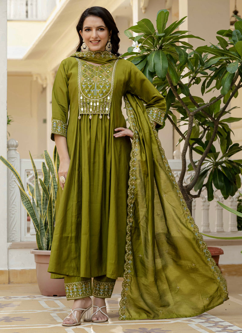 Prazu Fashion Mehendi Viscose Roman Silk Real Mirror Hand Work Kurta Set - Distacart