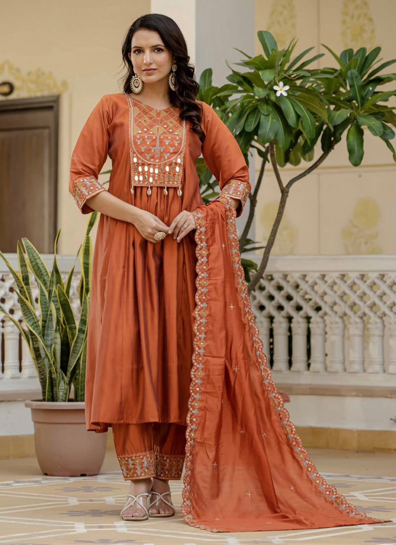 Prazu Fashion Orange Viscose Roman Silk Real Mirror Hand Work Kurta Set - Distacart