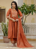 Prazu Fashion Orange Viscose Roman Silk Real Mirror Hand Work Kurta Set - Distacart