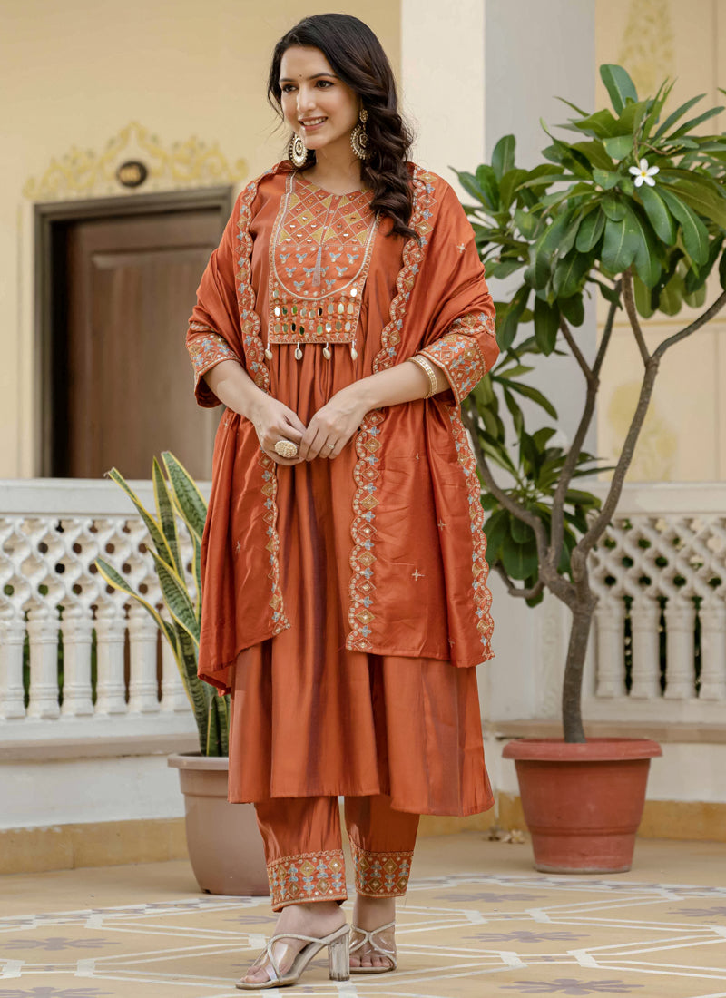 Prazu Fashion Orange Viscose Roman Silk Real Mirror Hand Work Kurta Set - Distacart