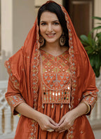 Prazu Fashion Orange Viscose Roman Silk Real Mirror Hand Work Kurta Set - Distacart