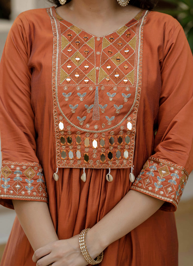 Prazu Fashion Orange Viscose Roman Silk Real Mirror Hand Work Kurta Set - Distacart