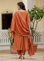 Prazu Fashion Orange Viscose Roman Silk Real Mirror Hand Work Kurta Set - Distacart