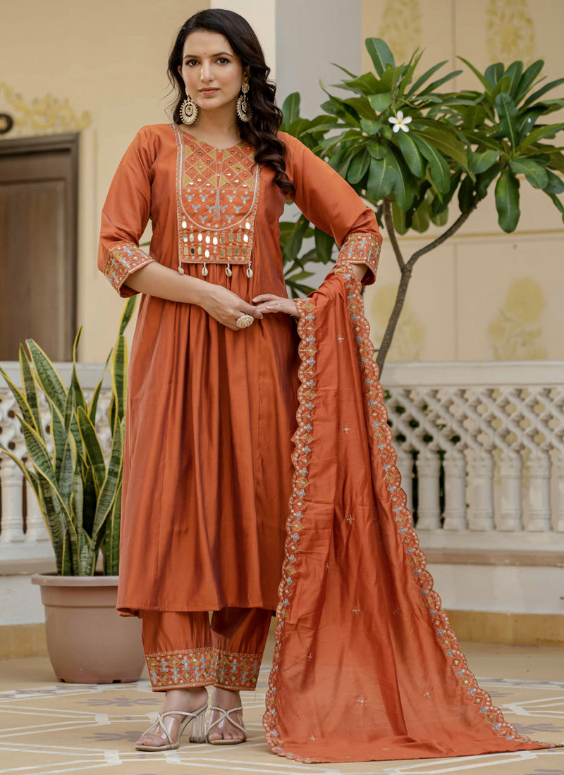 Prazu Fashion Orange Viscose Roman Silk Real Mirror Hand Work Kurta Set - Distacart