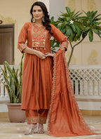 Prazu Fashion Orange Viscose Roman Silk Real Mirror Hand Work Kurta Set - Distacart