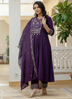 Prazu Fashion Purple Viscose Roman Silk Real Mirror Hand Work Kurta Set - Distacart