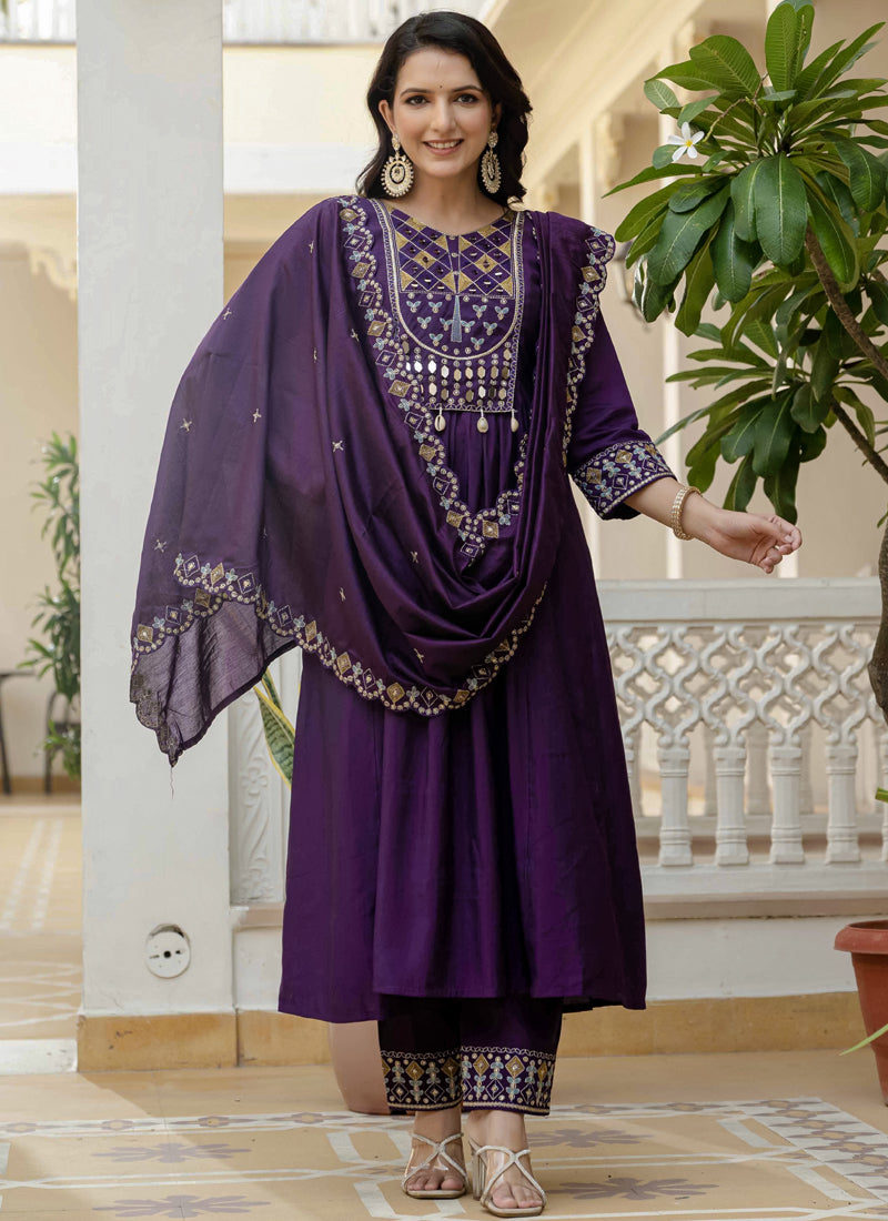 Prazu Fashion Purple Viscose Roman Silk Real Mirror Hand Work Kurta Set - Distacart