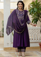 Prazu Fashion Purple Viscose Roman Silk Real Mirror Hand Work Kurta Set - Distacart
