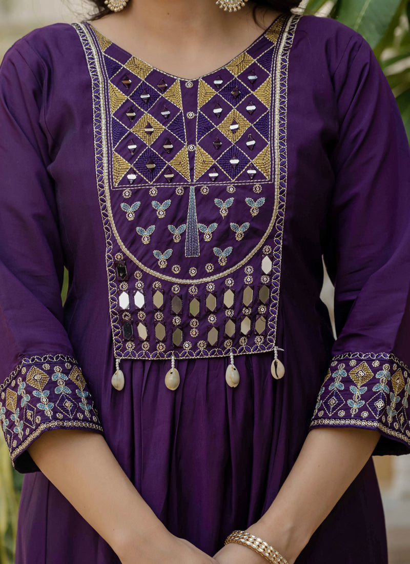 Prazu Fashion Purple Viscose Roman Silk Real Mirror Hand Work Kurta Set - Distacart