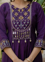 Prazu Fashion Purple Viscose Roman Silk Real Mirror Hand Work Kurta Set - Distacart