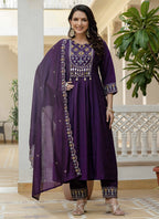 Prazu Fashion Purple Viscose Roman Silk Real Mirror Hand Work Kurta Set - Distacart