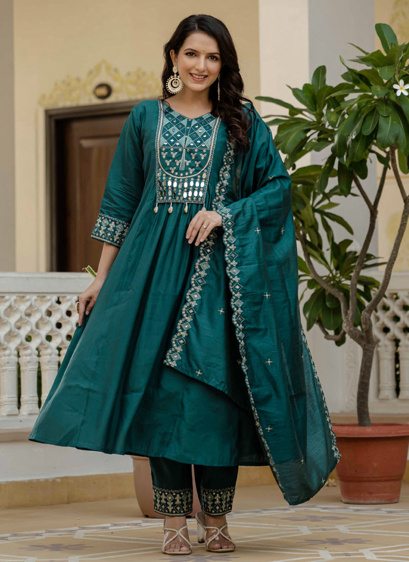 Prazu Fashion Teal Viscose Roman Silk Real Mirror Hand Work Kurta Set - Distacart