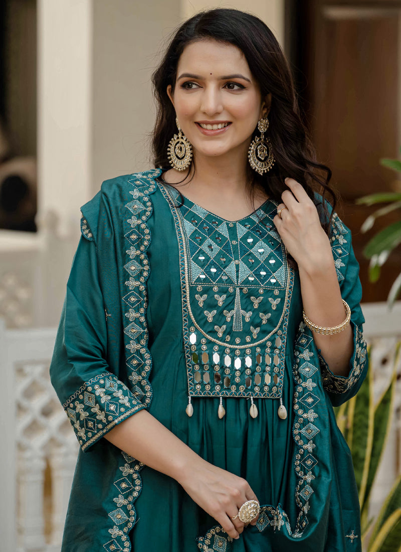 Prazu Fashion Teal Viscose Roman Silk Real Mirror Hand Work Kurta Set - Distacart