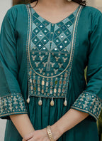 Prazu Fashion Teal Viscose Roman Silk Real Mirror Hand Work Kurta Set - Distacart