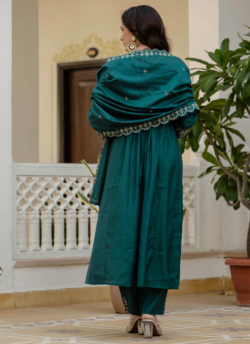 Prazu Fashion Teal Viscose Roman Silk Real Mirror Hand Work Kurta Set - Distacart