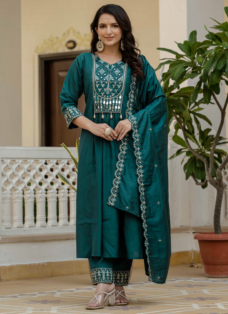 Prazu Fashion Teal Viscose Roman Silk Real Mirror Hand Work Kurta Set - Distacart