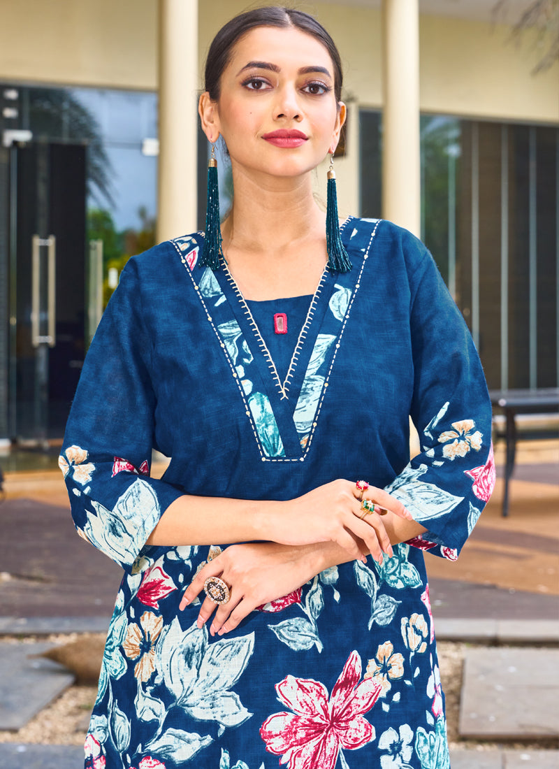 Prazu Fashion Blue Pure Cotton Stylish Prints Co-Ords Set - Distacart