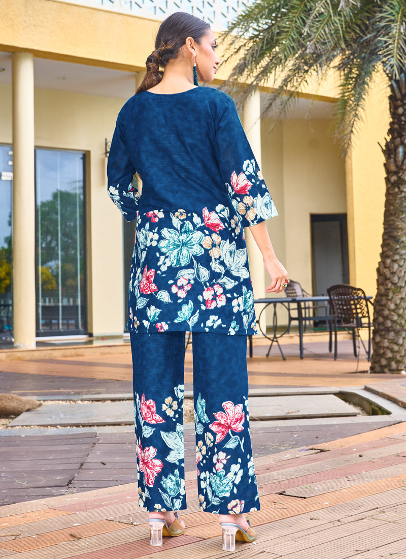 Prazu Fashion Blue Pure Cotton Stylish Prints Co-Ords Set - Distacart