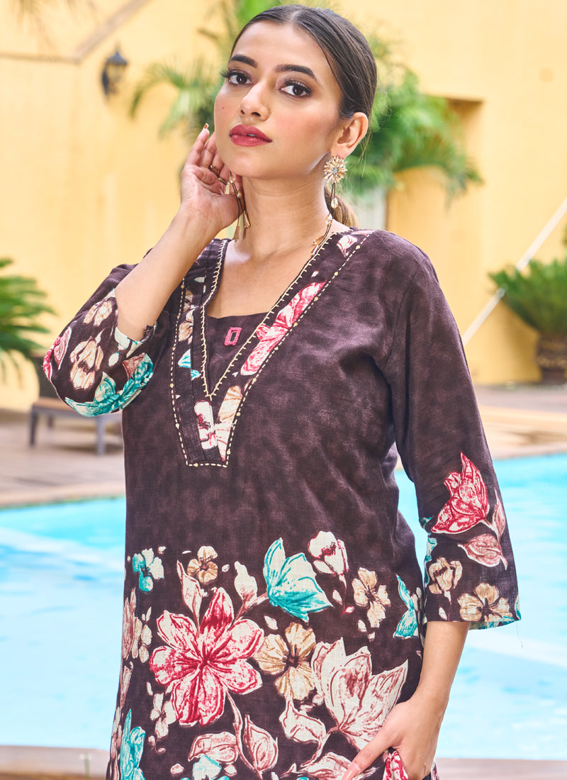 Prazu Fashion Coffee Pure Cotton Stylish Prints Co-Ords Set - Distacart