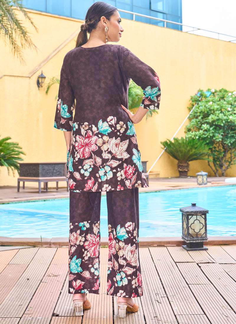 Prazu Fashion Coffee Pure Cotton Stylish Prints Co-Ords Set - Distacart