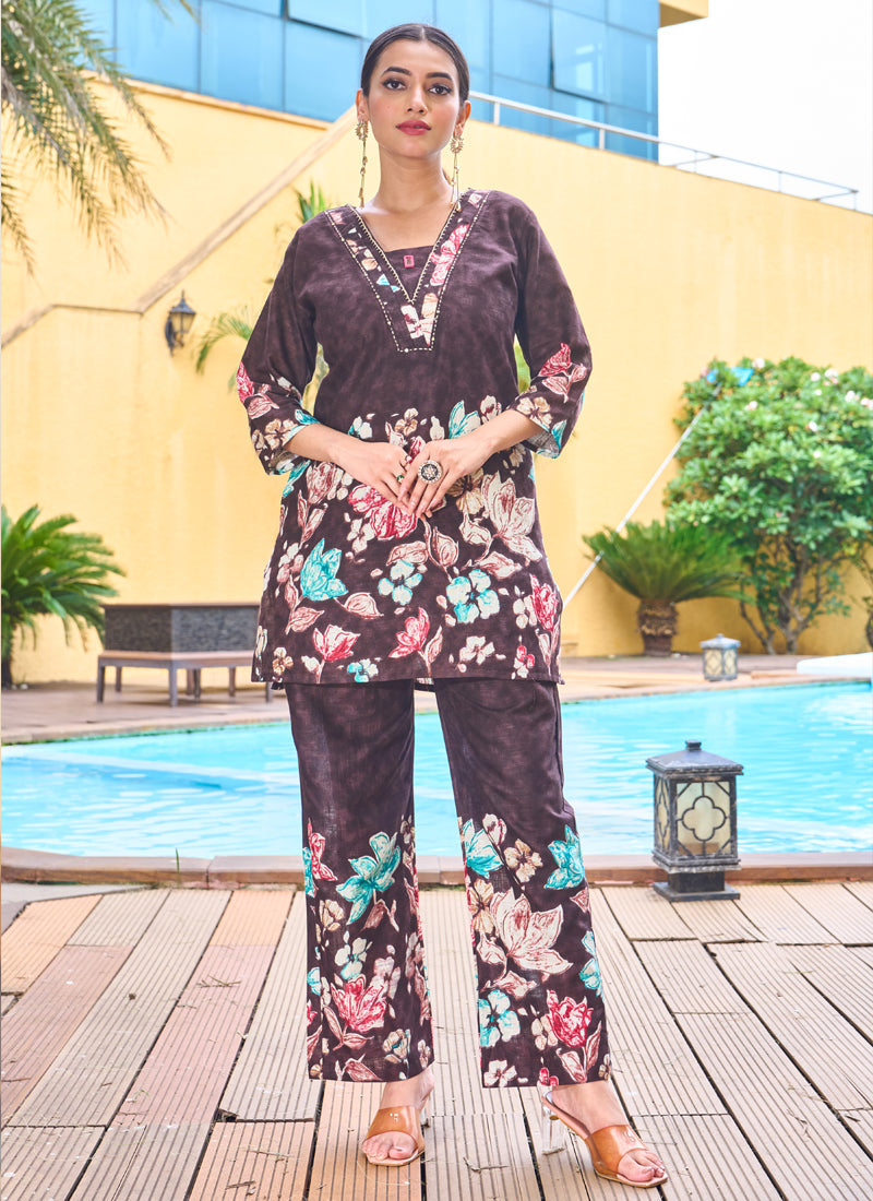 Prazu Fashion Coffee Pure Cotton Stylish Prints Co-Ords Set - Distacart