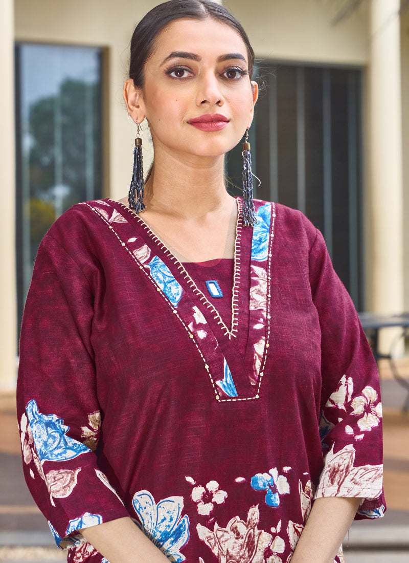 Prazu Fashion Maroon Pure Cotton Stylish Prints Co-Ords Set - Distacart