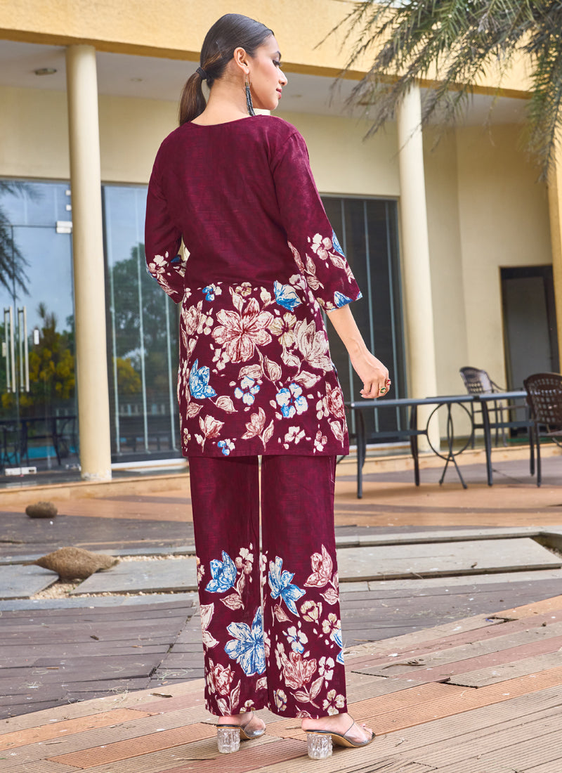 Prazu Fashion Maroon Pure Cotton Stylish Prints Co-Ords Set - Distacart