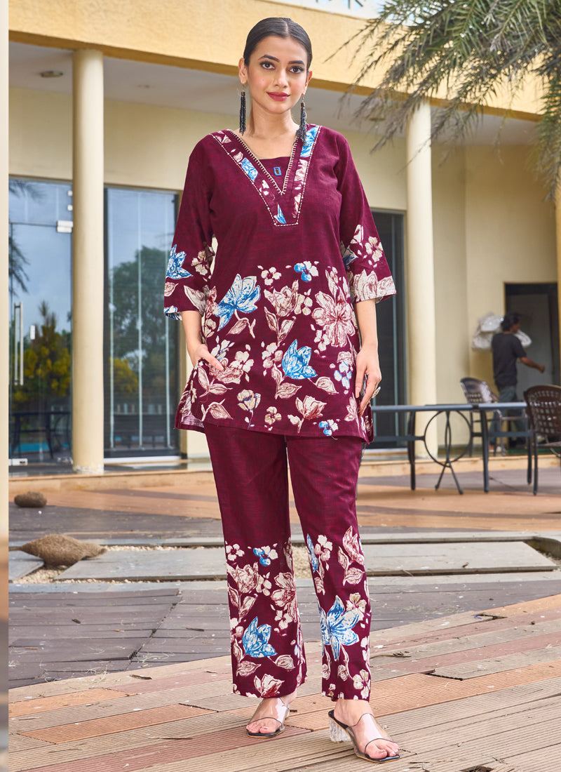 Prazu Fashion Maroon Pure Cotton Stylish Prints Co-Ords Set - Distacart