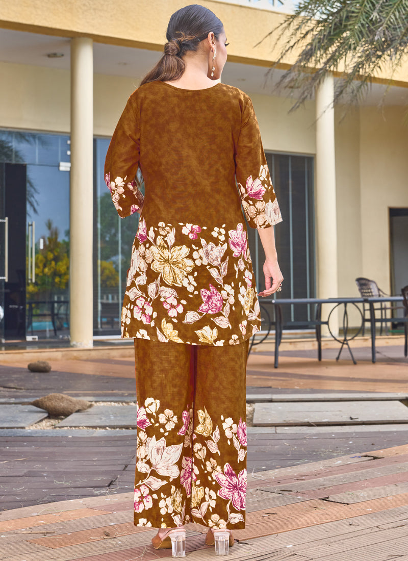 Prazu Fashion Mustard Pure Cotton Stylish Prints Co-Ords Set - Distacart