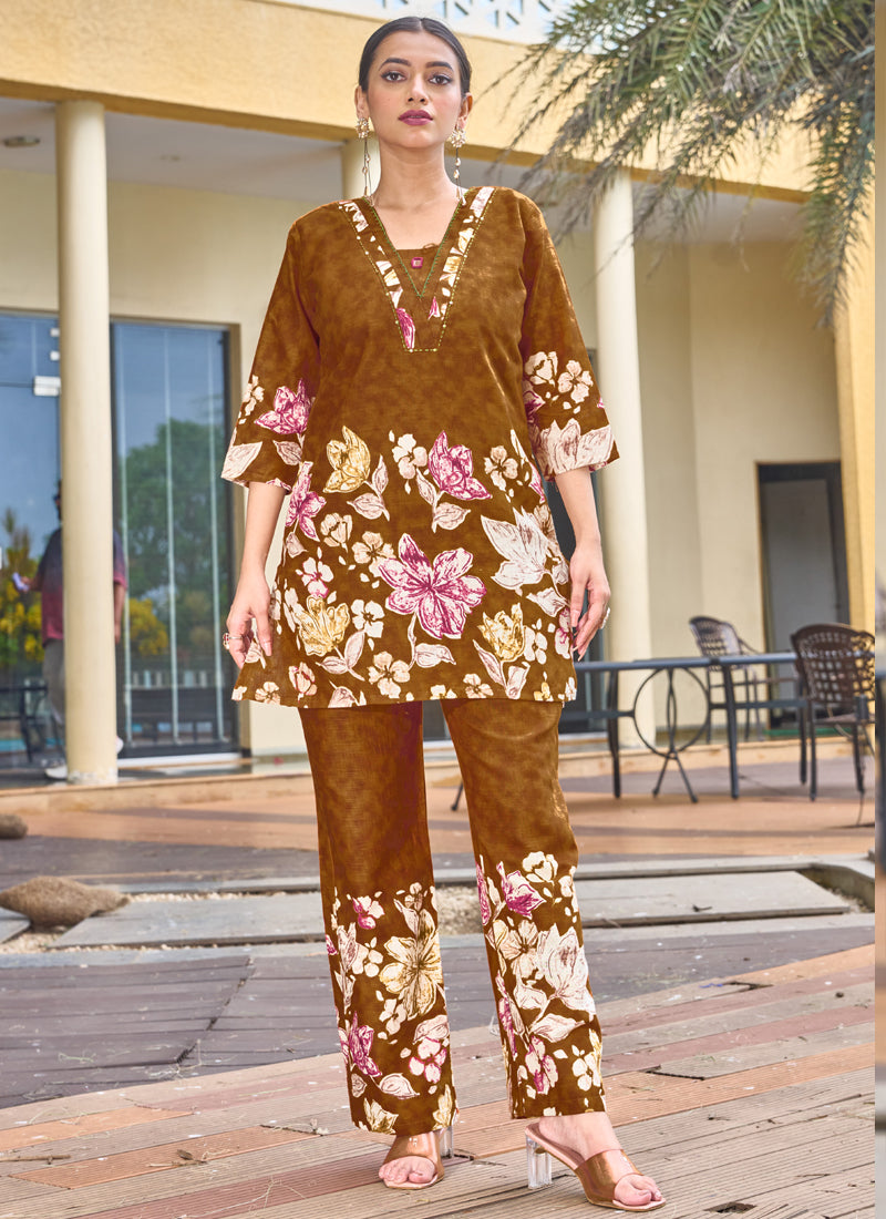 Prazu Fashion Mustard Pure Cotton Stylish Prints Co-Ords Set - Distacart