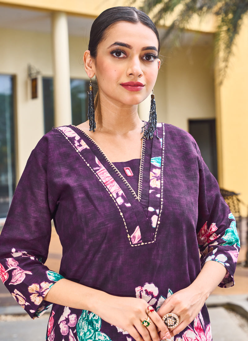Prazu Fashion Purple Pure Cotton Stylish Prints Co-Ords Set - Distacart