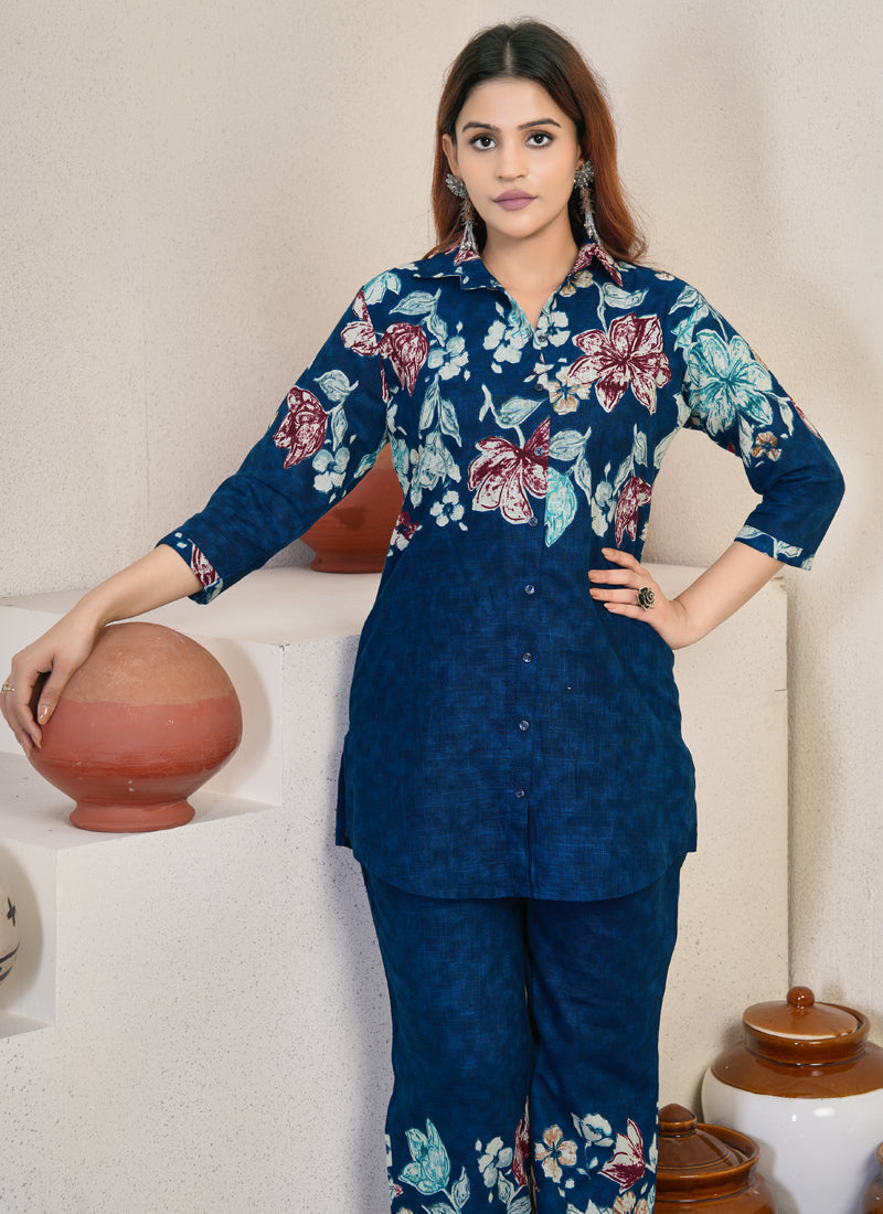 Prazu Fashion Blue Pure Cotton Stylish Prints Co-Ords Set - Distacart