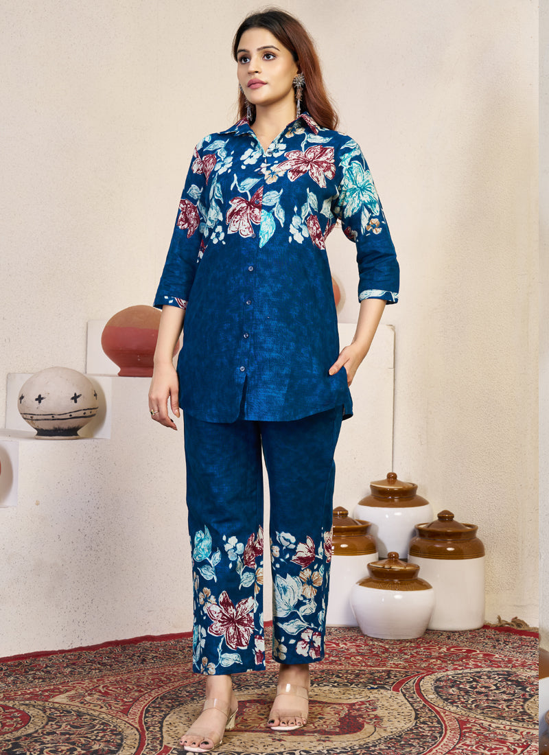 Prazu Fashion Blue Pure Cotton Stylish Prints Co-Ords Set - Distacart