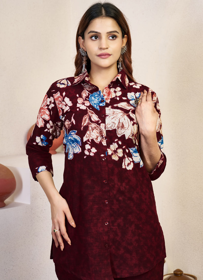 Prazu Fashion Maroon Pure Cotton Stylish Prints Co-Ords Set - Distacart