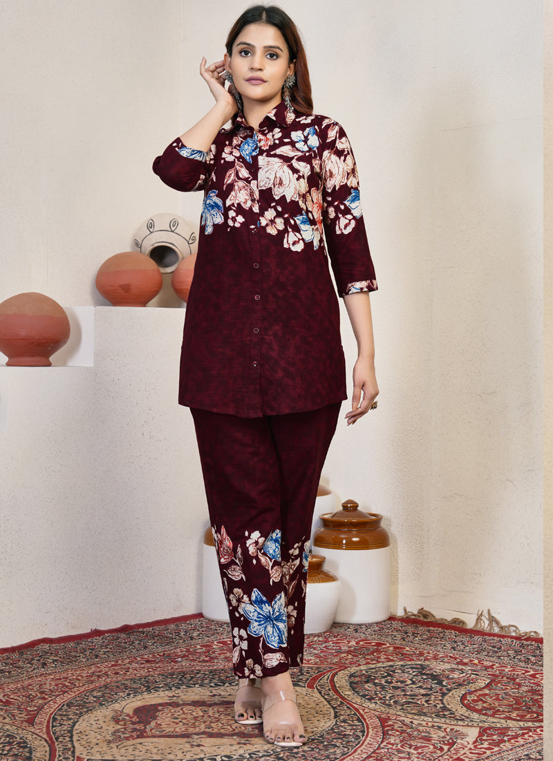 Prazu Fashion Maroon Pure Cotton Stylish Prints Co-Ords Set - Distacart