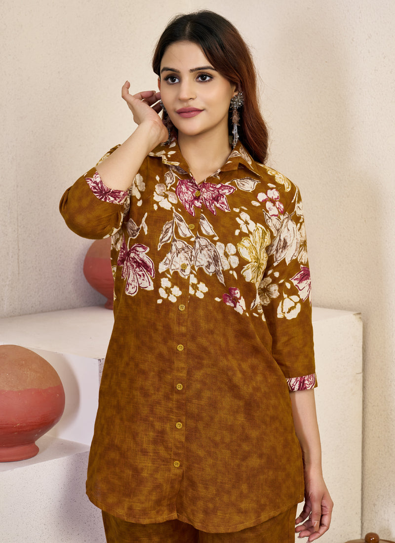 Prazu Fashion Mustard Pure Cotton Stylish Prints Co-Ords Set - Distacart