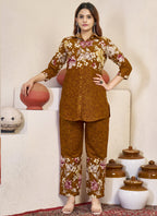 Prazu Fashion Mustard Pure Cotton Stylish Prints Co-Ords Set - Distacart