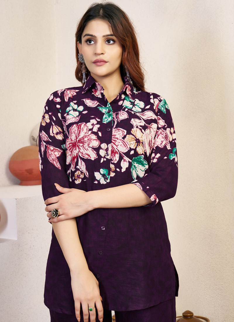 Prazu Fashion Violet Pure Cotton Stylish Prints Co-Ords Set - Distacart