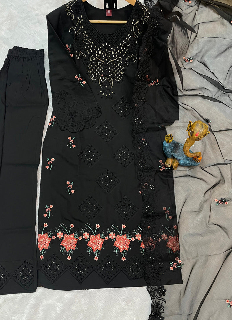 Prazu Fashion Black Viscose Roman Silk Embroidered Sequence Work Kurta Set - Distacart
