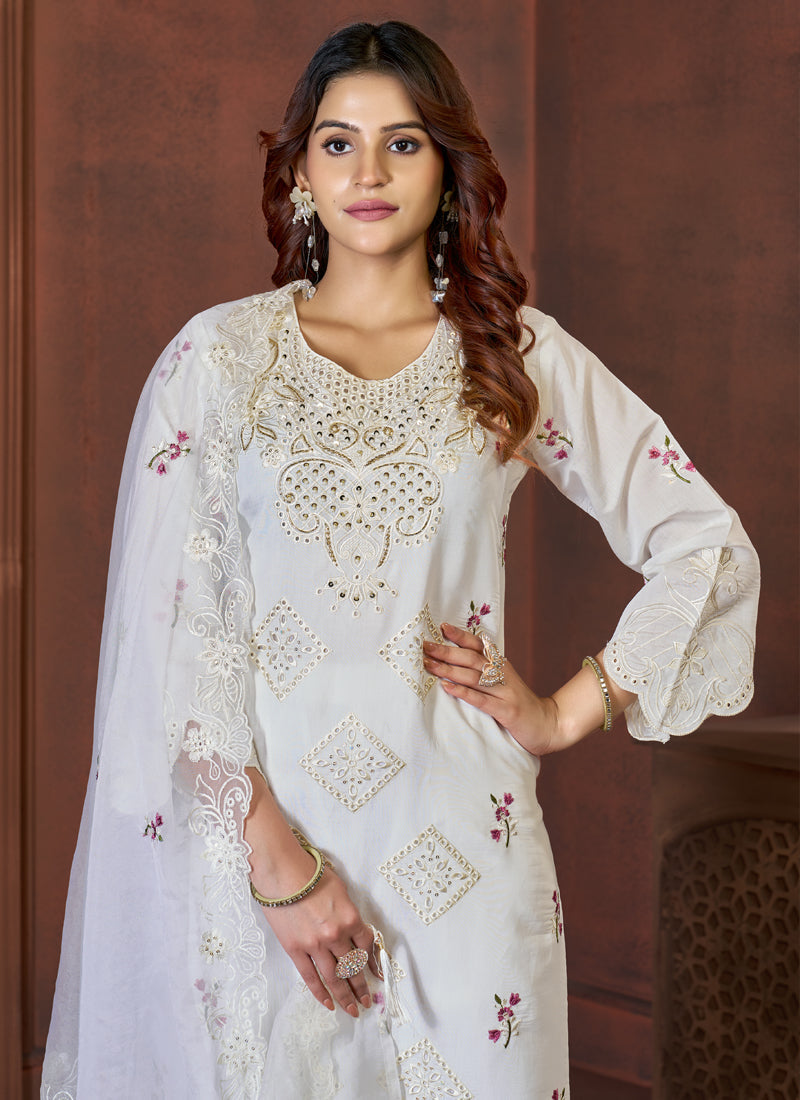 Prazu Fashion White Viscose Roman Silk Embroidered Sequence Work Kurta Set - Distacart
