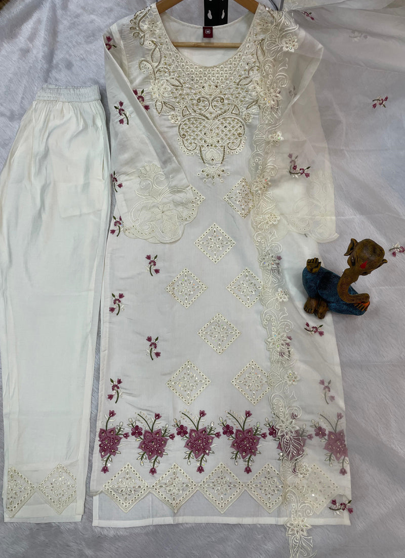 Prazu Fashion White Viscose Roman Silk Embroidered Sequence Work Kurta Set - Distacart