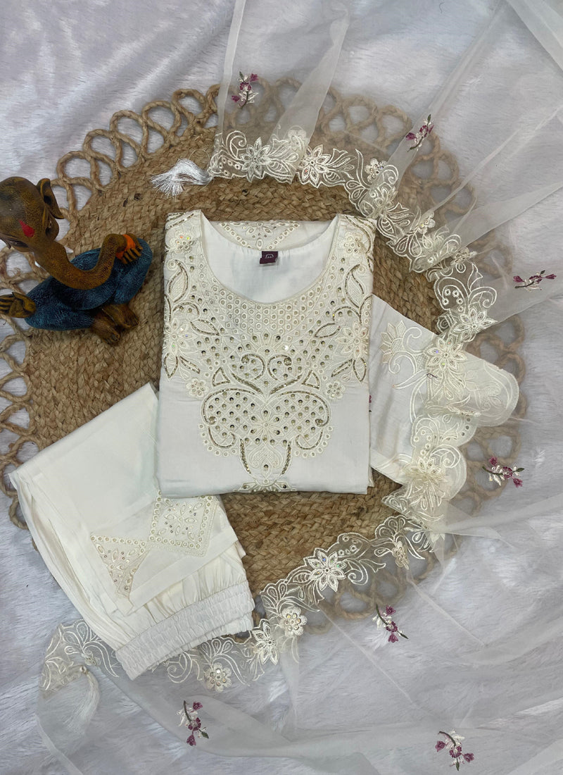 Prazu Fashion White Viscose Roman Silk Embroidered Sequence Work Kurta Set - Distacart