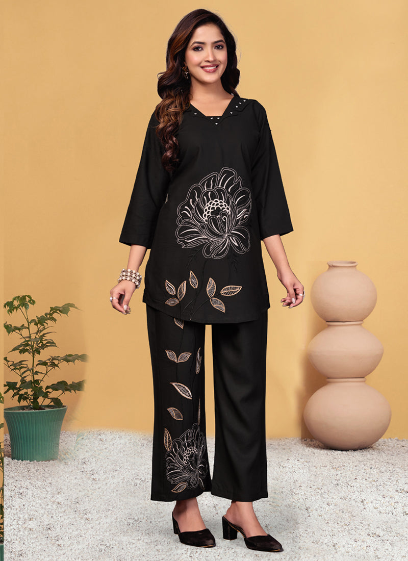 Prazu Fashion Black Viscose Rayon Embroidery Thread Work Co-Ords Set - Distacart